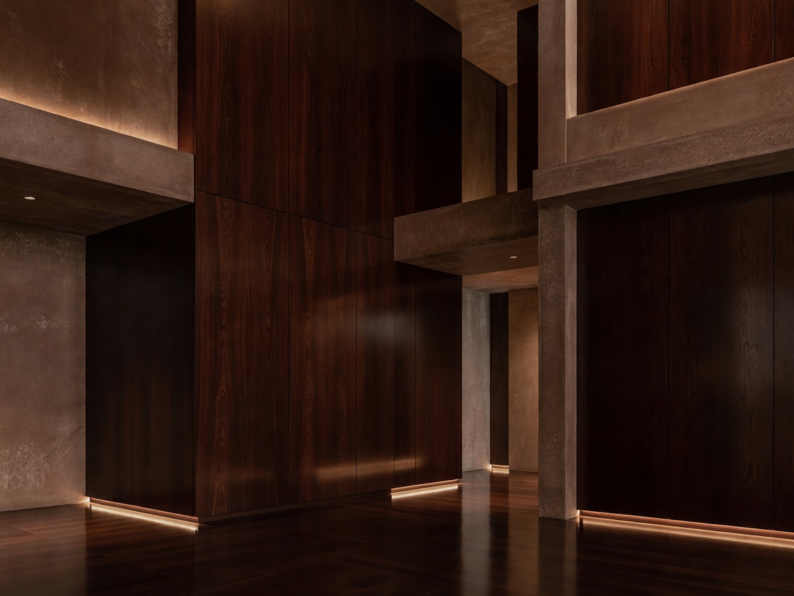Beautiful dark architectural interior styled with luxury wooden panels and structural warm concrete