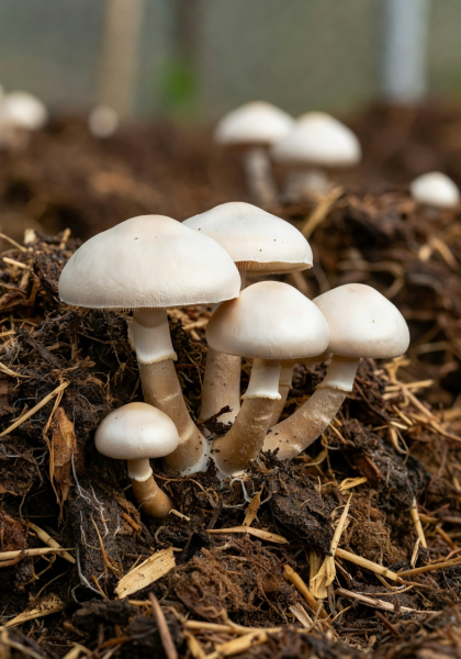 Close-up of sustainably grown mushrooms emerging from organic substrate