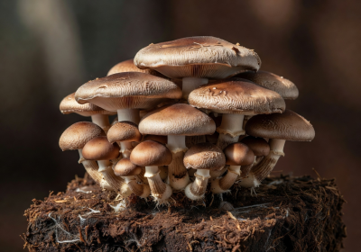 Cluster of brown Shiitake mushrooms growing on substrate