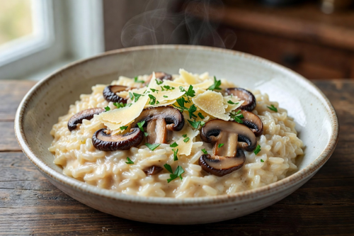 Creamy shiitake mushroom risotto in a bowl garnished with parmesan and parsley