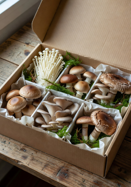 Curated mushroom delivery box with assorted fresh fungi in eco-friendly packaging