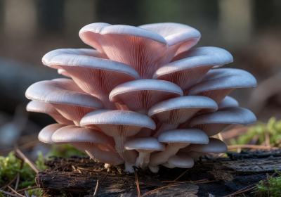 Delicate pink and grey Oyster mushrooms in fan formation
