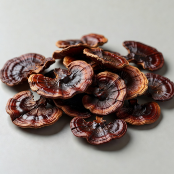 Dried Reishi mushroom slices with glossy dark reddish-brown surface