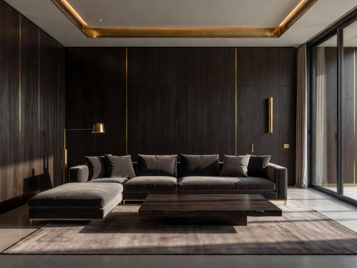 Exquisite high-end modern luxury architectural residential villa living room styled with bespoke dark wood and warm brass elements