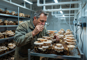 Farmer carefully inspecting mushroom growth in controlled environment