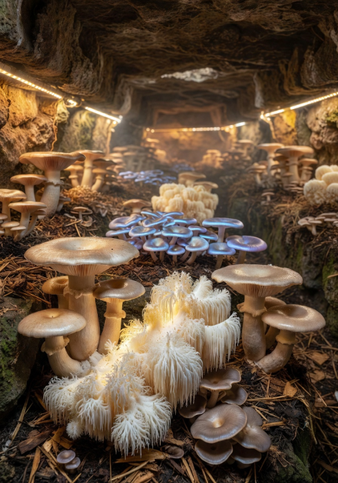 Fresh exotic mushrooms growing in underground farm with warm ambient lighting