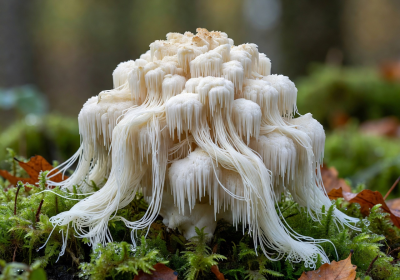 Fresh Lion's Mane mushroom with cascading white tendrils