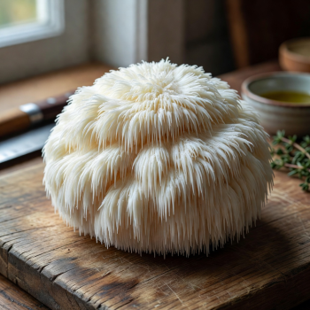 Fresh Lion's Mane mushroom with white cascading spines ready for cooking
