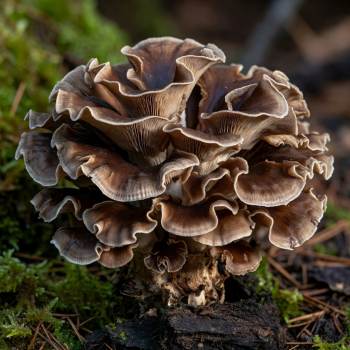 Fresh Maitake mushroom with layered ruffled brown caps