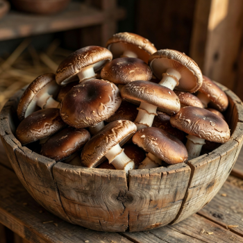 Fresh Shiitake mushrooms with rich brown caps in rustic wooden container