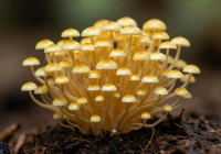 Golden Enoki mushrooms in a cluster with thin delicate stems