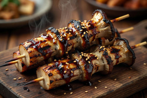 Grilled King Trumpet mushroom skewers with miso glaze and sesame seeds