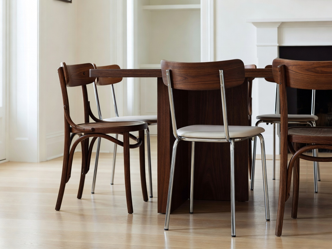 Historic bentwood and classic steel tube dining chairs arranged elegantly in a brightly lit architectural home