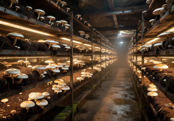 Interior of underground mushroom farm with rows of growing shelves under warm lighting