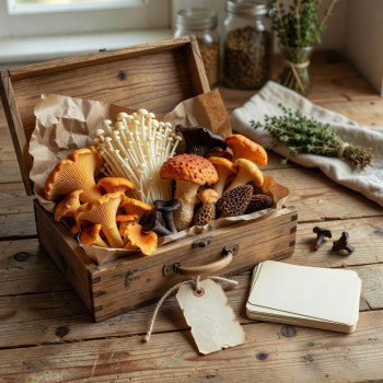 Monthly premium mushroom box with rare seasonal varieties and recipe cards
