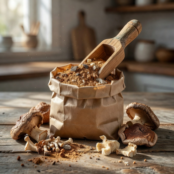Mushroom powder blend in a kraft paper bag with wooden scoop