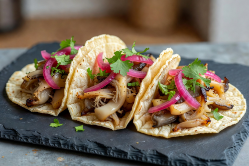 Oyster mushroom tacos on corn tortillas with pickled onions and cilantro