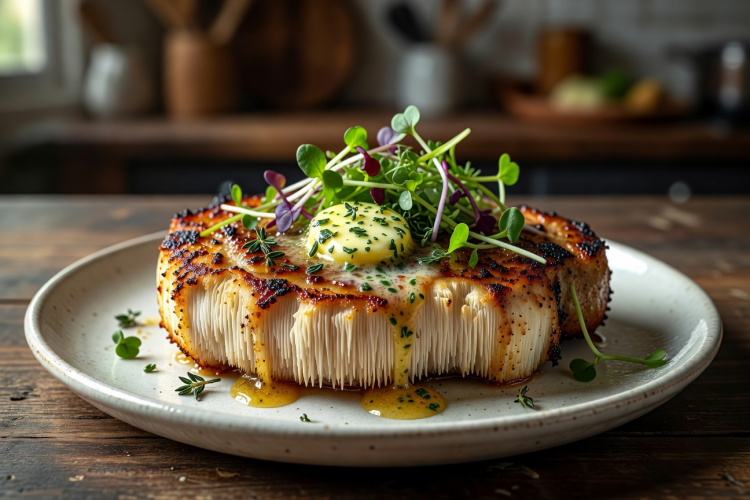 Pan-seared Lion's Mane steak on a ceramic plate with herb butter and microgreens