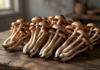 Pioppino mushrooms with long stems and small brown caps in bundles