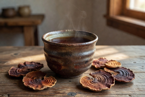 Reishi mushroom tea in a handmade ceramic cup with dried reishi slices