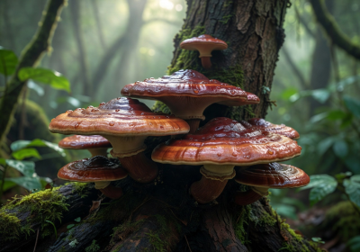 Reishi mushrooms with glossy reddish-brown lacquered caps