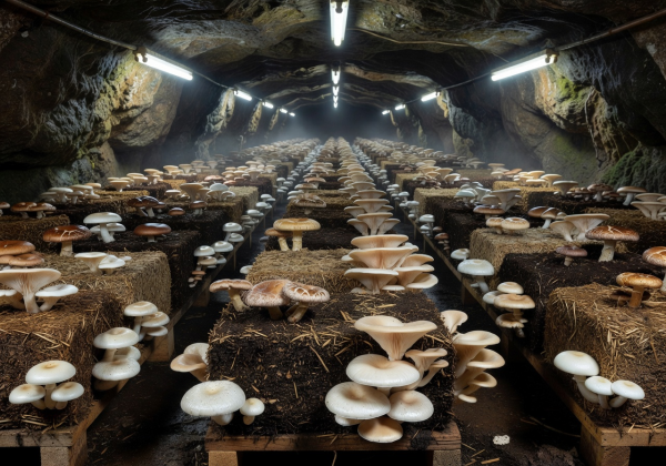 Underground mushroom farm showing rows of substrate blocks with growing mushrooms