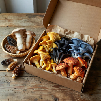 Weekly mushroom subscription box with curated assortment of fresh exotic fungi