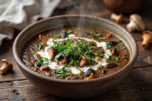 Wild mushroom soup in a rustic bowl with cream swirl and fresh herbs